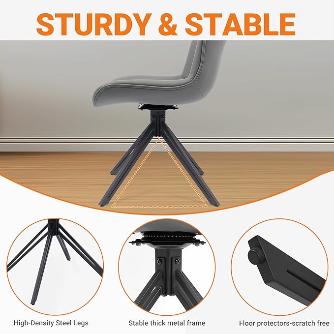 VATROS Dining Chairs Set of 2, 360° Swivel Upholstered Mid-Century Modern Kitchen Dining Room Chairs, Armless Faux Leather Accent Side Chair with Padded Back, Metal Legs for Living Room Bedrooms,Grey