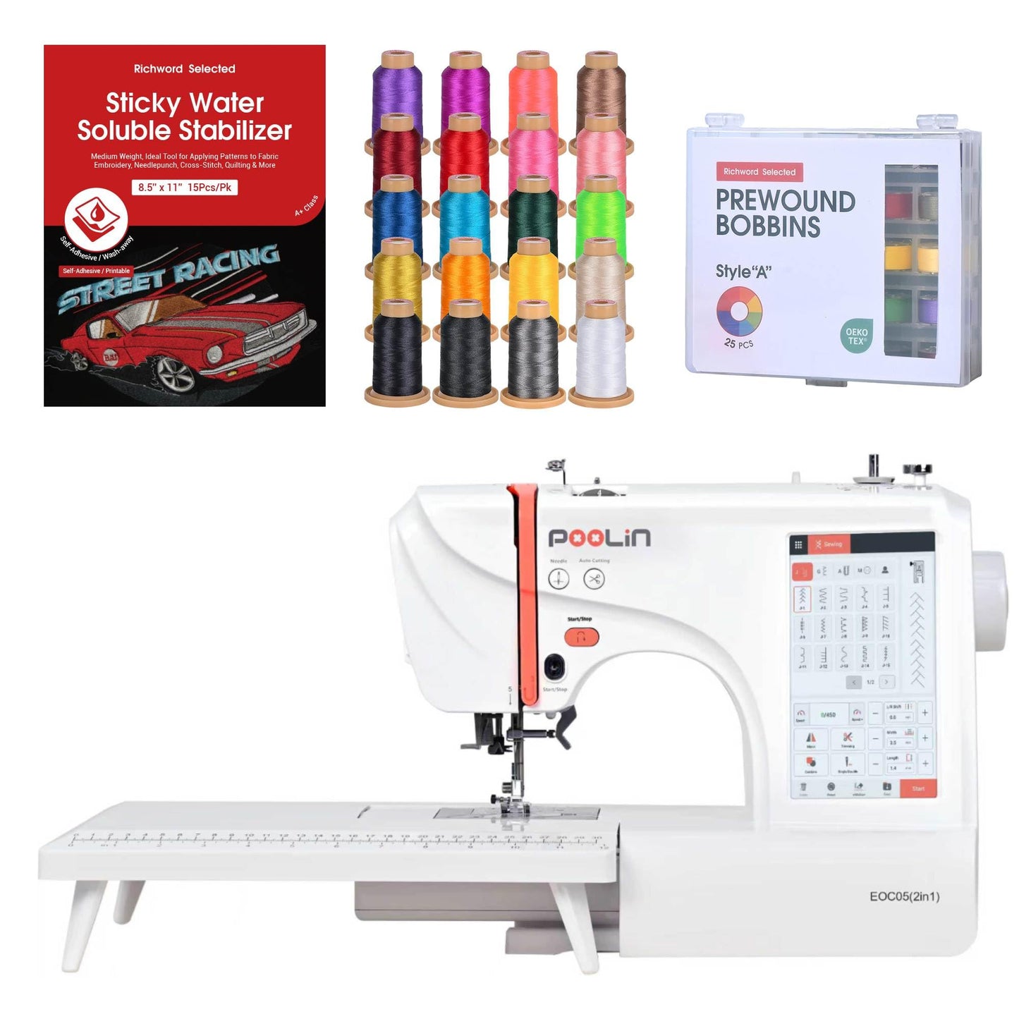Poolin EOC05 2-in-1 Sewing & Embroidery Machine Bundle with Thread, Pre Wound Bobbins and Water-Soluble Stabilizers