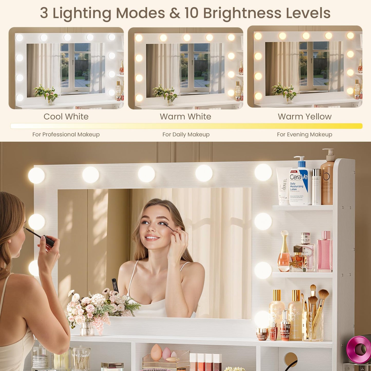 Driftalia Vanity Desk with Mirror and Lights, Makeup Vanity with Storage Drawer, Power Outlet and Large Cabinet for Bedroom - White