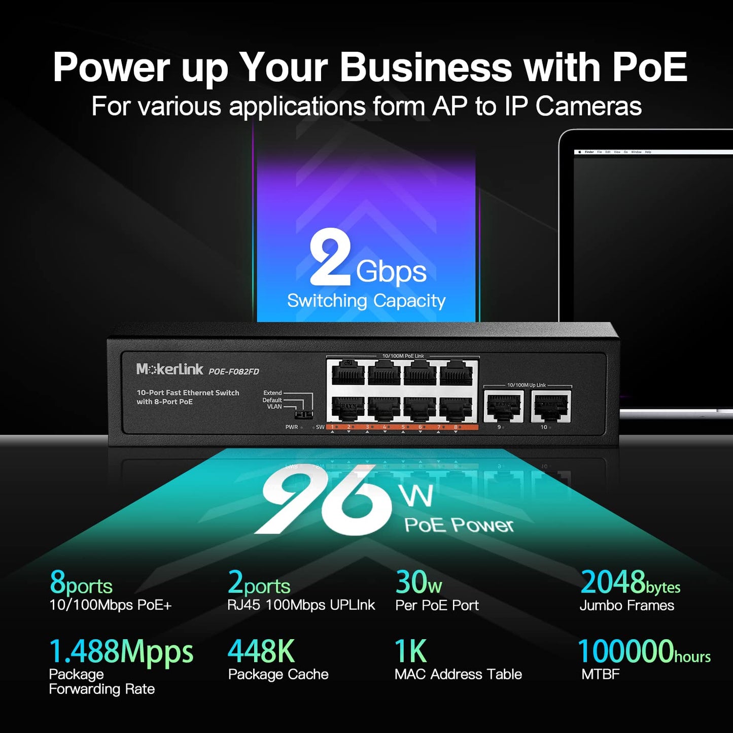 Mokerlink 10 Port Poe Switch With 8 Port Poe+, 2 Fast Ethernet Uplink, 100Mbps, 96W 802.3Af/At, Fanless Plug & Play Ethernet Swi