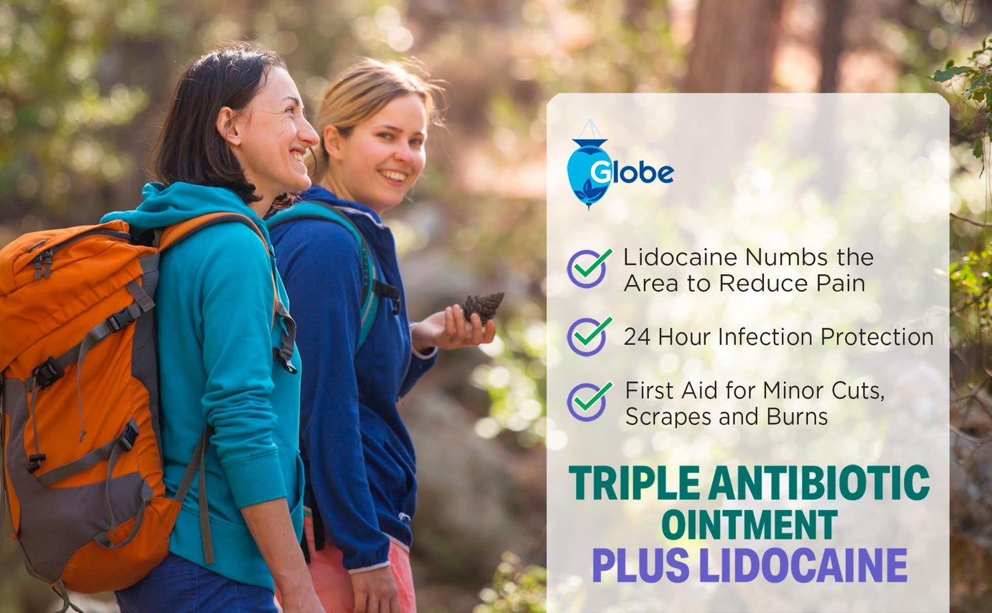Globe (2 Pack) First Aid Antibiotic Ointment + Lidocaine (1 Oz) Maximum Strength & Fast-Acting Topical Pain Reliever, 24-Hour Infection Protection That Numbs Away The Pain, Bacitracin Zinc., White