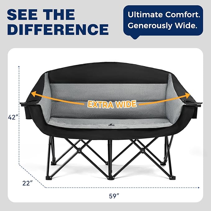 apollo walker Oversized Double Camping Chair for 2 Person - Extra Wide & Heavy Duty 600lbs Camp Couch with Dual Cup Holder & Carry Bag, Camping Loveseat for Outdoor, Lawn, Beach, Park