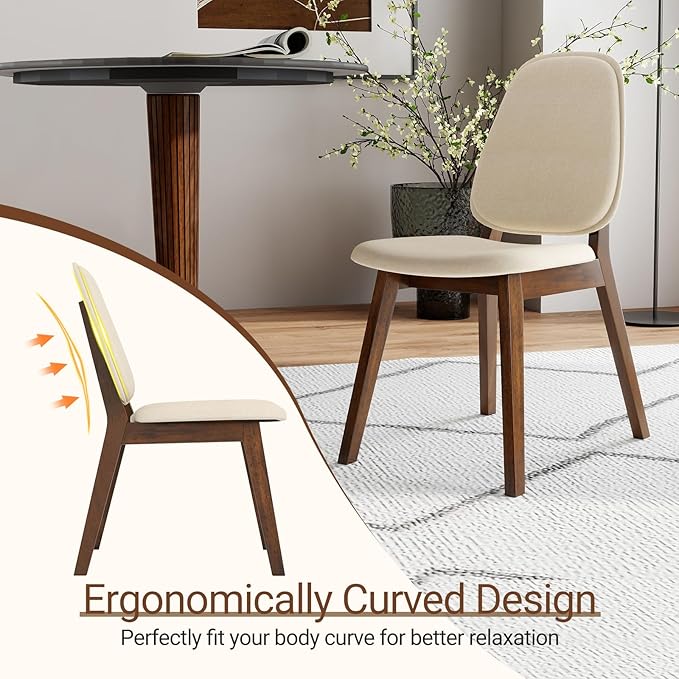 Giantex Wooden Dining Chairs Set of 2, Linen Fabric Upholstered Dining Room Chairs w/Rubber Wood Frame, Padded Seat, Curved Back, Mid-Century Modern Kitchen Side Chair for Home Living Room