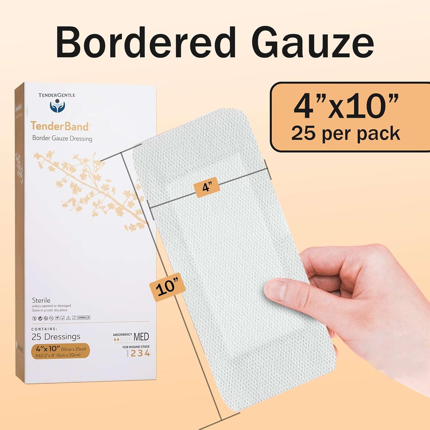 Bordered Gauze Island Dressing 4x10-25 Large Adhesive Bandages for Wound Protection - Good for Hospitals, Medical Facilities, First Aid Kits, and More