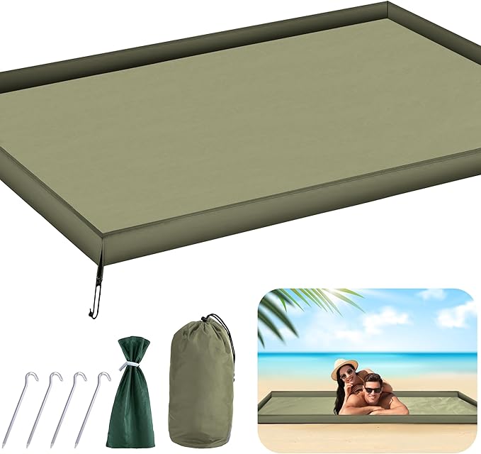 RunNico Waterproof Walled Beach Blanket, Enclosed Beach Mat with Stakes and Storage Bag, Sandproof Ground Blanket for Outd...
