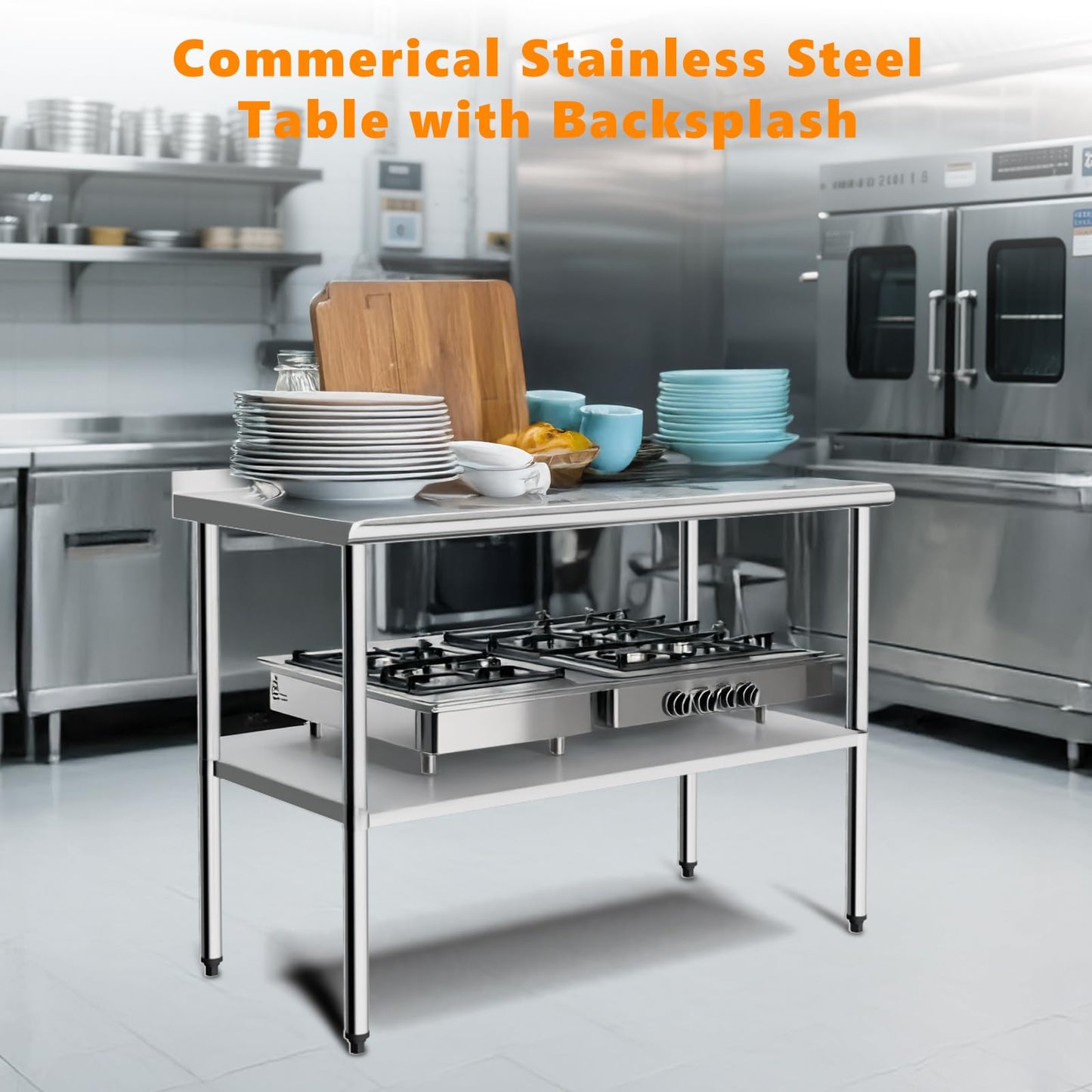 ROVSUN 48'' x 24'' Stainless Steel Table for Prep & Work,Commercial Worktables & Workstations, NSF Heavy Dut Metal Table with Adjustable UnderShelf & Backsplash for Kitchen,Restaurant,Home,Hotel