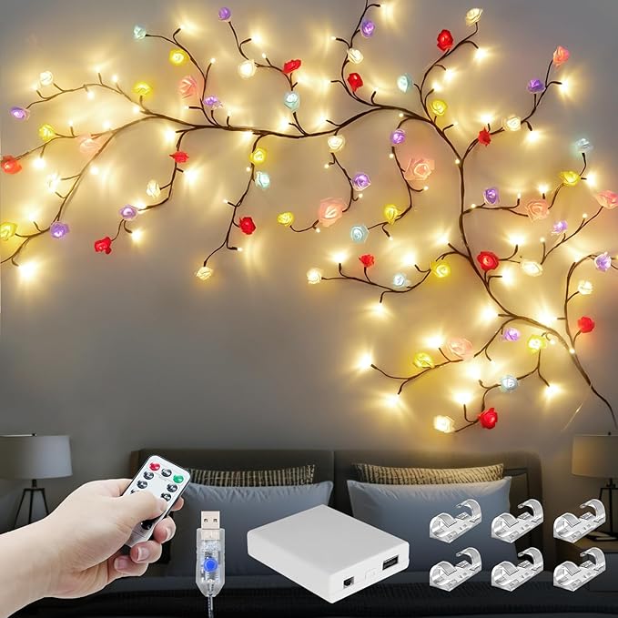 FNHMSL Macaroon Rose Blossom Enchanted Willow Vine Lights, 7.55FT 144LED 6 Color Blossom Tree Branch Lights for Wall, Remo...