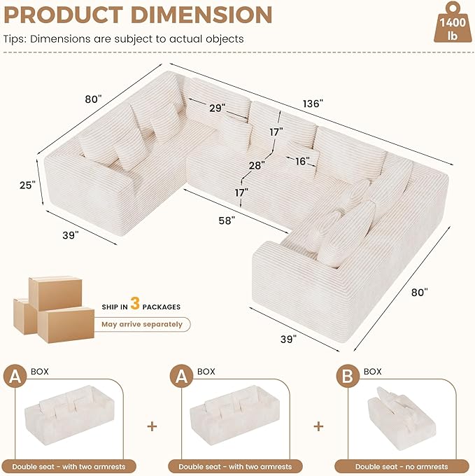 136'' Large Sectional Cloud Couches with Chaise, U Shaped Boneless Loveseat Sofa, No Assembly Required Deep Seat Modular Lounge for Living Room 3PCS Set, Bedroom(Beige)