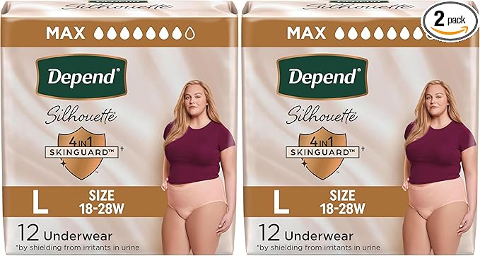 Depend Incontinence Underwear for Women, Large, 12 Count, Pack of 2 | Maximum Absorbency | Pink | Silhouette | Postpartum