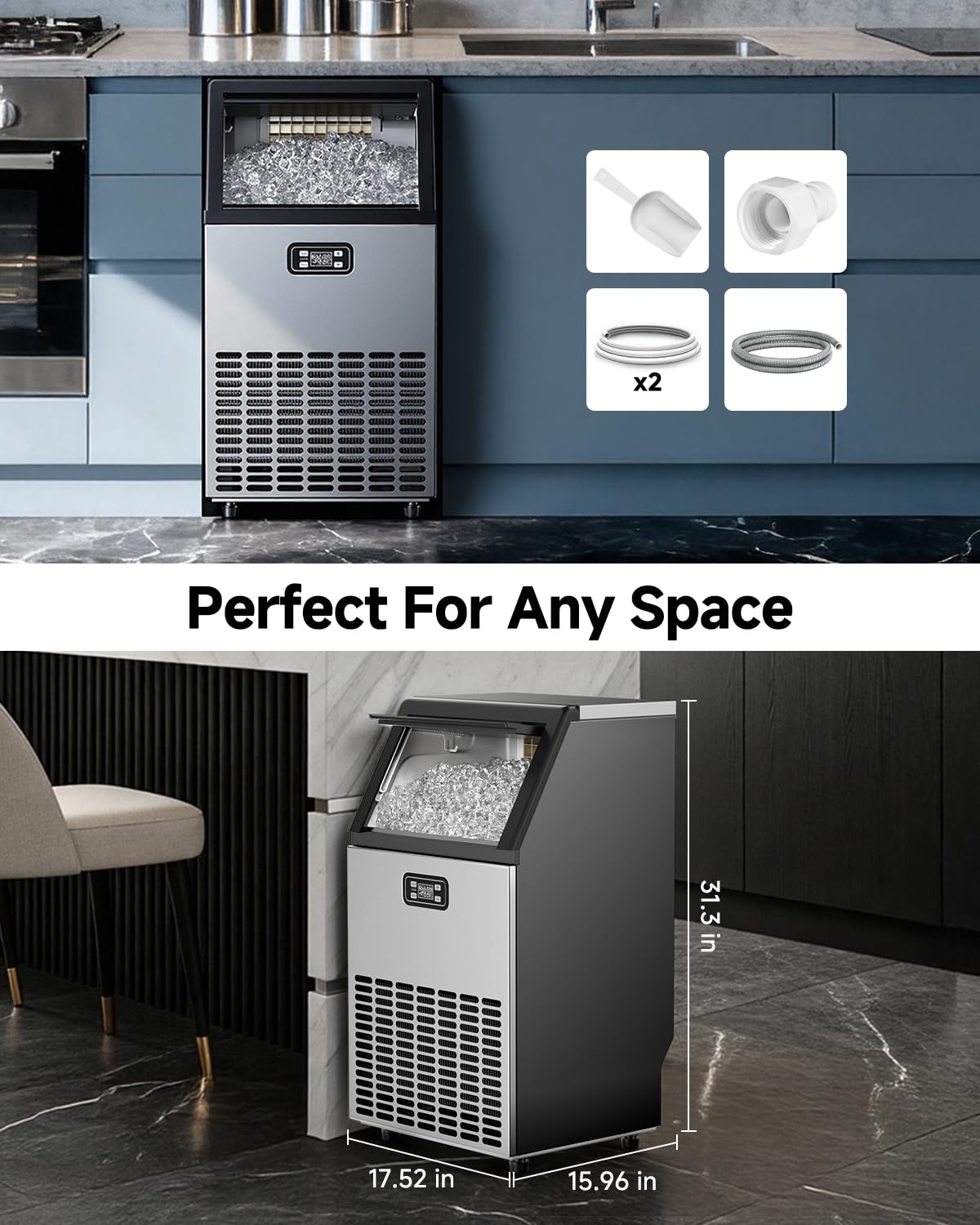 Feelfunn Commercial Ice Maker Machine - 100LBS/24H, 33lbs Storage Capacity, Stainless Steel Freestanding & Under Counter Ice Maker with Self-Cleaning, 24H Timer, Ideal for Home Bar Office Restaurant