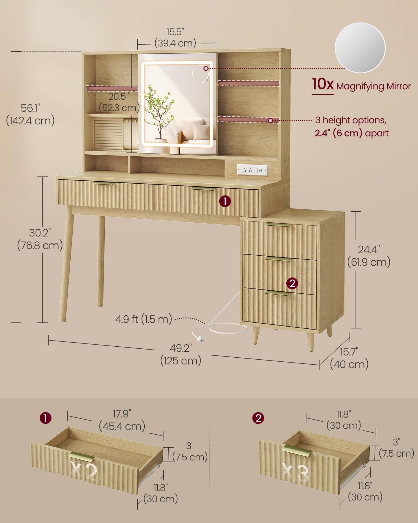 VASAGLE MAXE Collection - Vanity Desk with Sliding Mirror and Lights, Mid Century Modern Fluted Makeup Vanity with 10x Magnifying Mirror, Charging Station, Jewelry Storage, Oak Beige URDT139YC01S