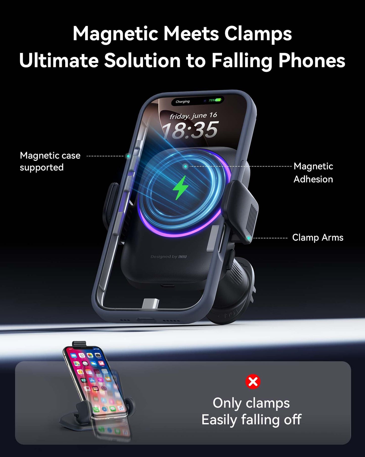Iniu Qi2 Certified 15W Car Phone Holder Wireless Charger, Ultra-Stable 22N For Magsafe Car Mount Charger With Cooling Fins & Rgb
