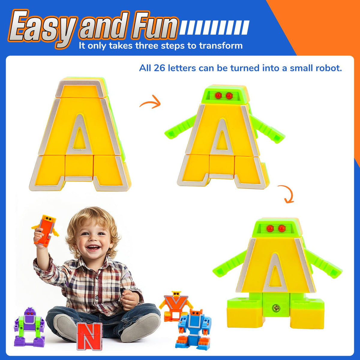 HOPANDOS Alphabet Robots Transforming Toys with 26 Phonics Cards & Storage Box, Toddlers Education Toy, ABC Learning Robots for Kids Ages 3-7 Boys and Girls Birthday Gifts