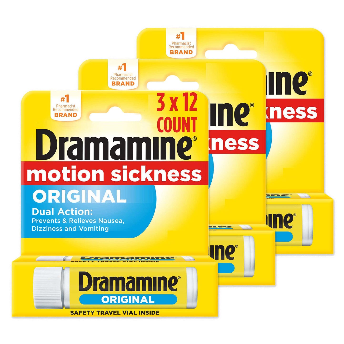 Dramamine Motion Sickness Original 12 Count Travel Vial 3 Pack and All Day Less Drowsy Motion Sickness Relief 8 Count Travel Vial 3 Pack