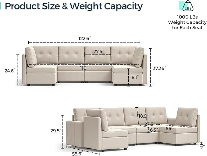 LINSY HOME Modular Sectional Sofa Oversized, Removable Cover Living Room Couches with Storage Deep Seat & Ottoman Chaise L/U Shaped Sofa Modern Couch (Grey, 6 Seats)