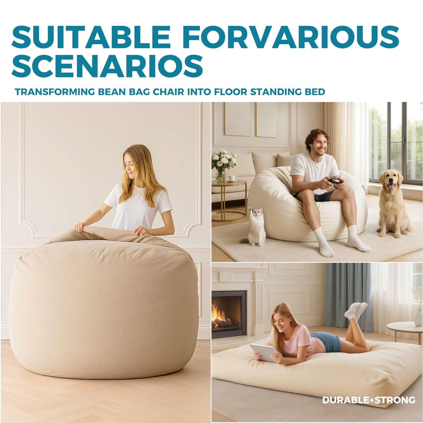 HZYPBS Extra Large Bean Bag Chair，Two in one Bean Bag Bed，It can be Easily Converted from a Chair to a Mattress, Filled with high-Density Foam, Washable Flannel Cover. for Families (Apricot Color)
