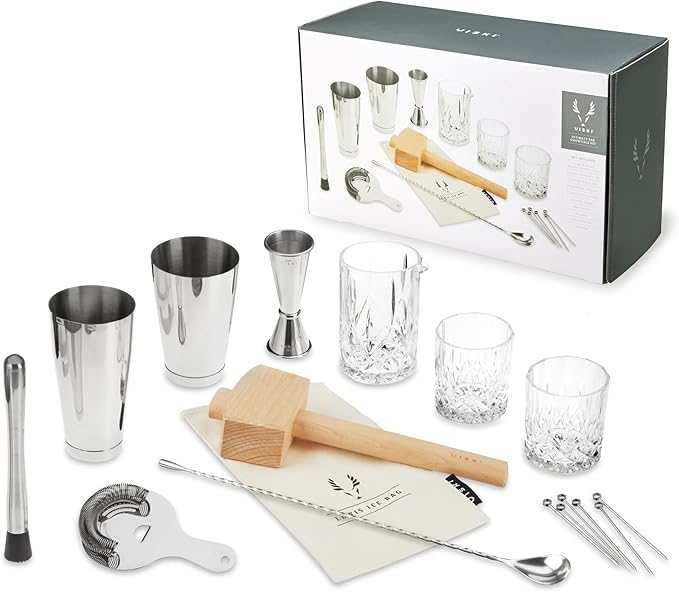 Viski Bartender Kit and Barware Set Includes Boston Cocktail Shakers, Mixing Glass, Jigger, Muddler, Strainer, Bar Spoon, ...