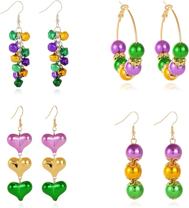 Met-edianger 4 Pairs Mardi Gras Earrings Set Carnival Dangle Drop Earrings Purple Green Yellow Round Heart Beaded Party Fe...