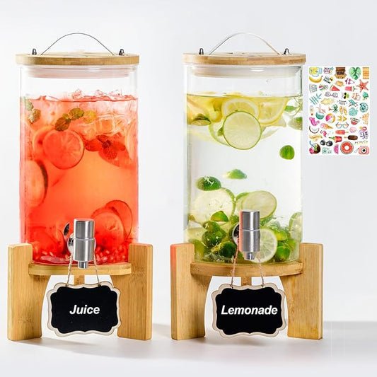 1.2 Gallon Large Glass Drink Dispenser For Parties, Beverage Dispenser with Bamboo Wood Stand and Stainless Steel Spigot, ...