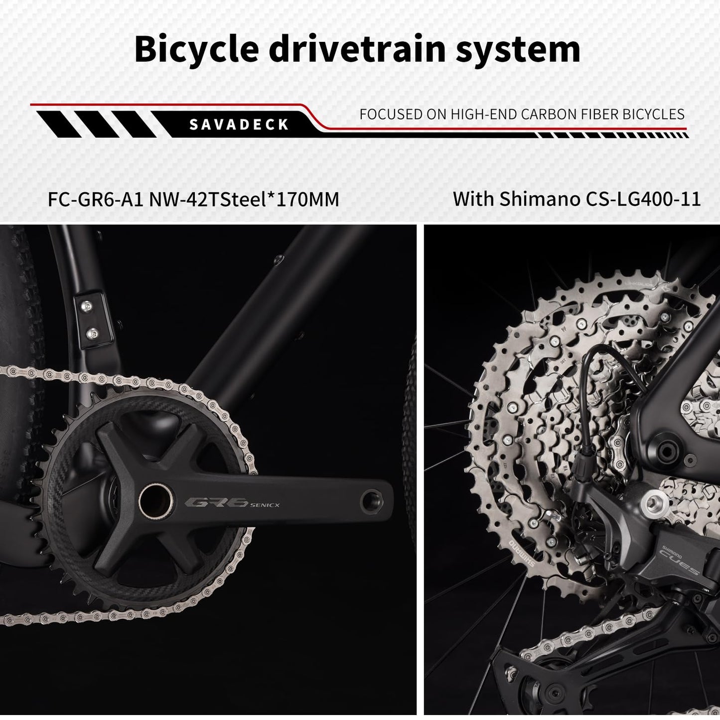 SAVADECK Carbon Gravel Bike - T800 Carbon Frame & Fork | Shimano U6000 11-Speed Groupset | Hydraulic Disc Brakes | 700CX40mm All-Terrain Tires | Men & Women Road/Off-Road Bicycle (Black, 58cm)
