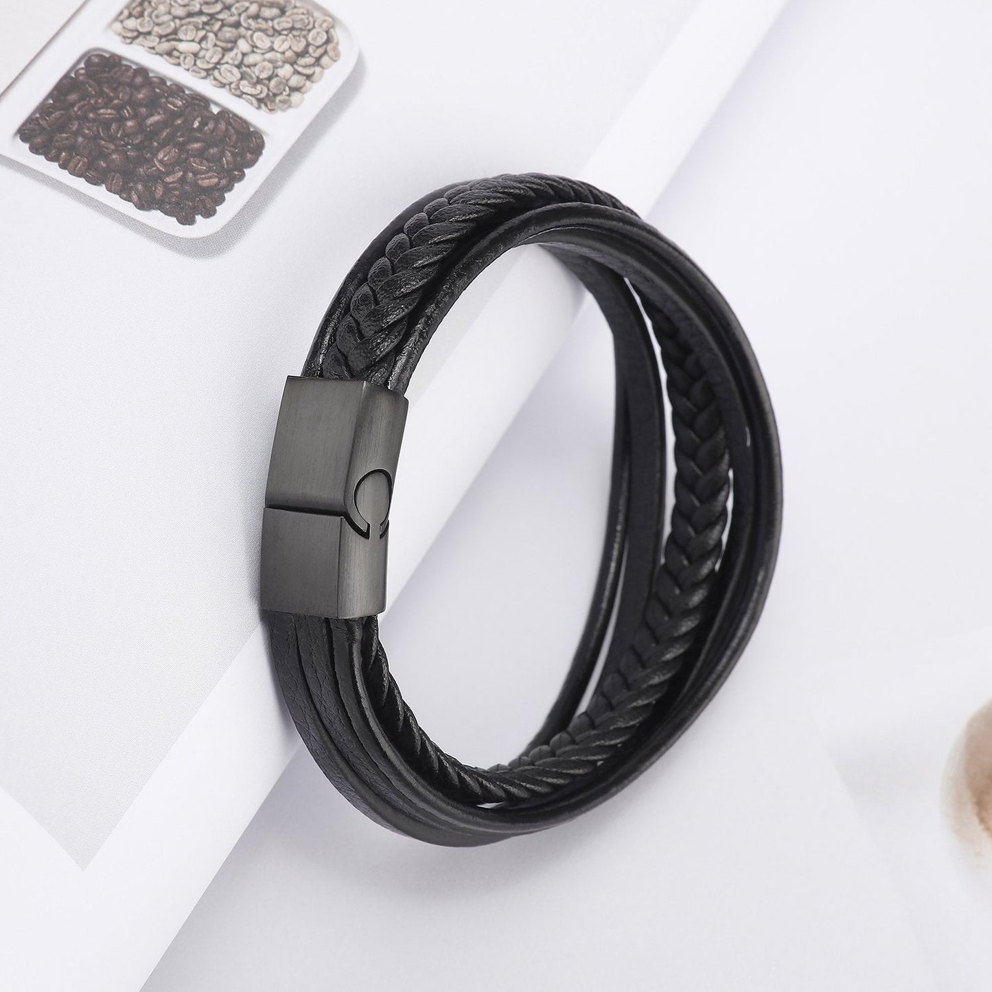 murtoo Mens Leather Bracelet with Magnetic Clasp Cowhide Multi-Layer Braided Leather Mens Bracelet (Brown&Black, 7.5)