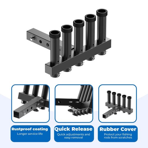 GOORIDA Hitch Mount Fishing Rod Holder, Fishing Pole Rack for Truck with 5-Rod Tubes, Adjustable for 2" Hitch Receivers & Easy to Use with Quick Release Pin