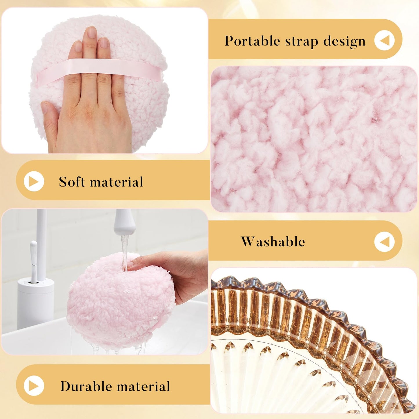 Tioncy 2 Pcs Extra Large Dusting Powder Puff and Container for Women-5.43'' Glass Crystal Dusting Powder Container with 5.91'' B