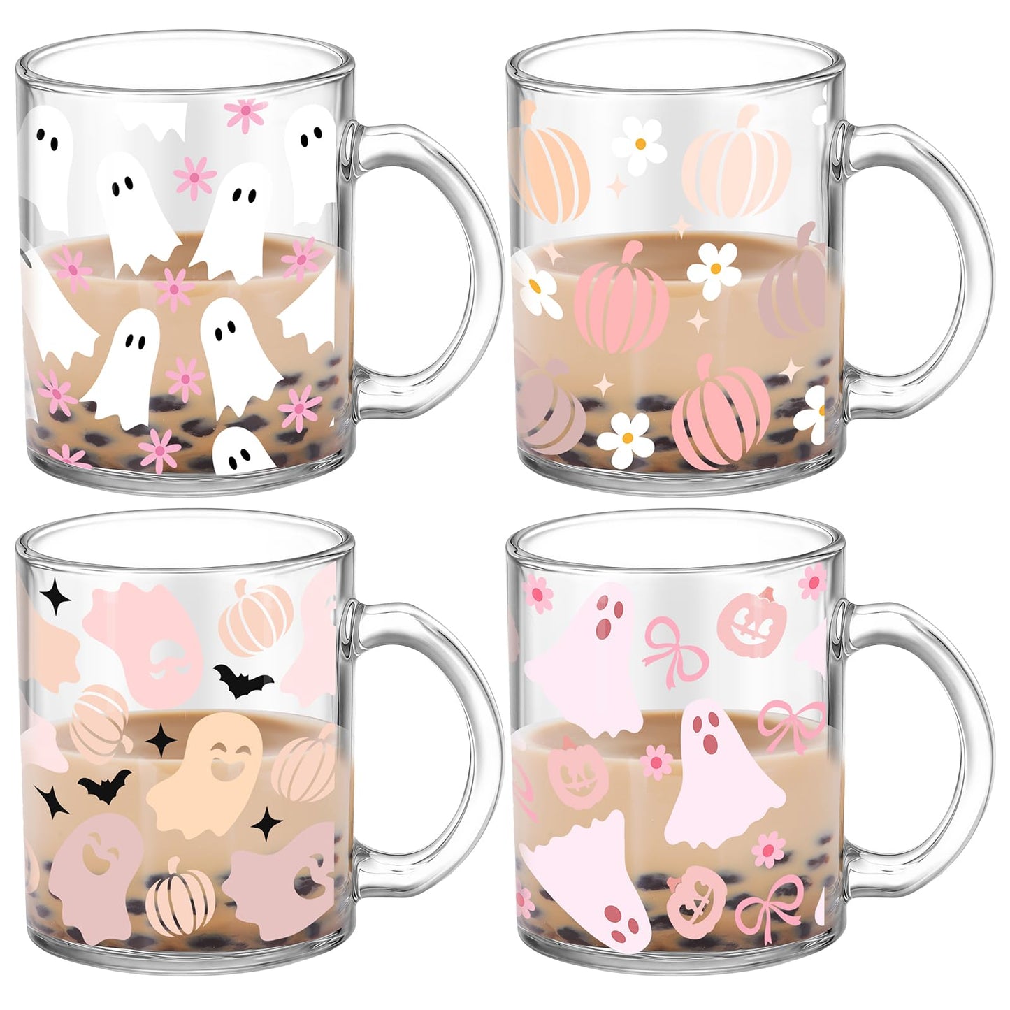 Tioncy 4 Pcs Halloween Ghost Coffee Mugs 12 oz Ghost Glass Cups with Handle Spooky Coffee Cup Pink Mug Cute Gifts Drinking Containers for Halloween Holiday Party Drinkware Accessories