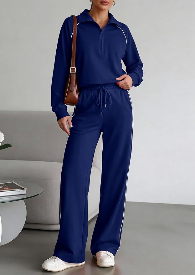 PRETTYGARDEN Women's 2 Piece Outfits Casual Lapel Half Zip Sweatshirts and Wide Leg Pants Tracksuit Sets