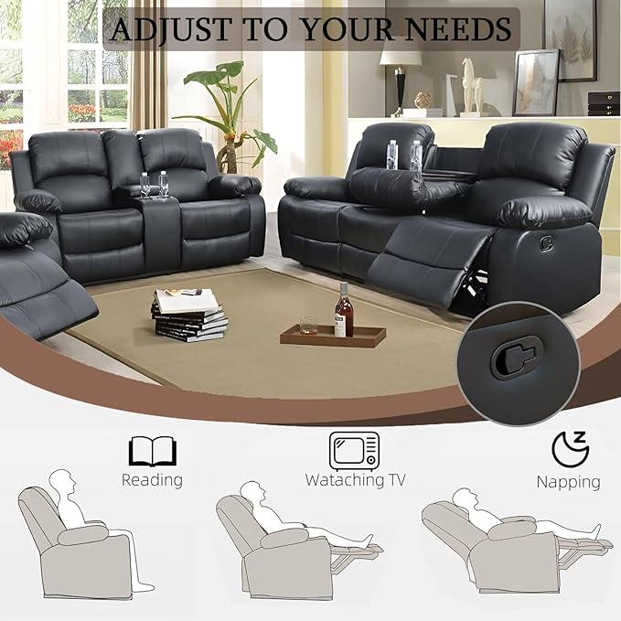 Caberryne Leather Recliner Sofa Set, 2 Pieces, Black, Modern Style, for Living Room/Office/Theater Seating