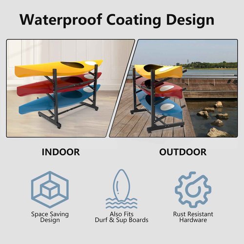 Freestanding Kayak Stand,One-Sided Kayak and Canoe Rack,Heavy Duty Adjustable Kayak Storage Rack,Sup Outdoor Storage Rack,Weatherproof Stand for Indoor, Garage, Shed, Dock Kayak Storage (3 Levels)