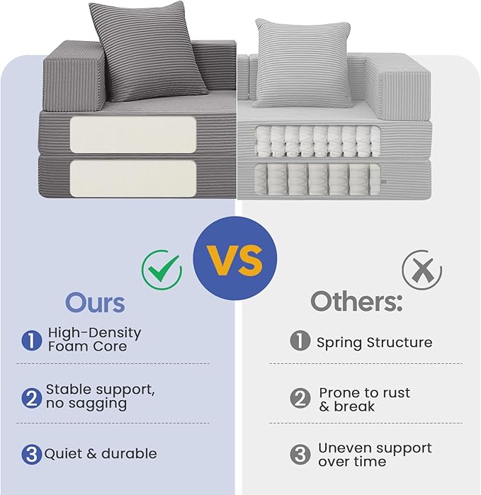 COMAX Futon Sofa Bed, 4‑in‑1 Convertible Sofa Bed, Folding Boneless Couches for Living Room, Fold Out Small Foldable Loveseat Floor Sleeper Comfy Mattress Lounge Space‑Saving, Light Grey
