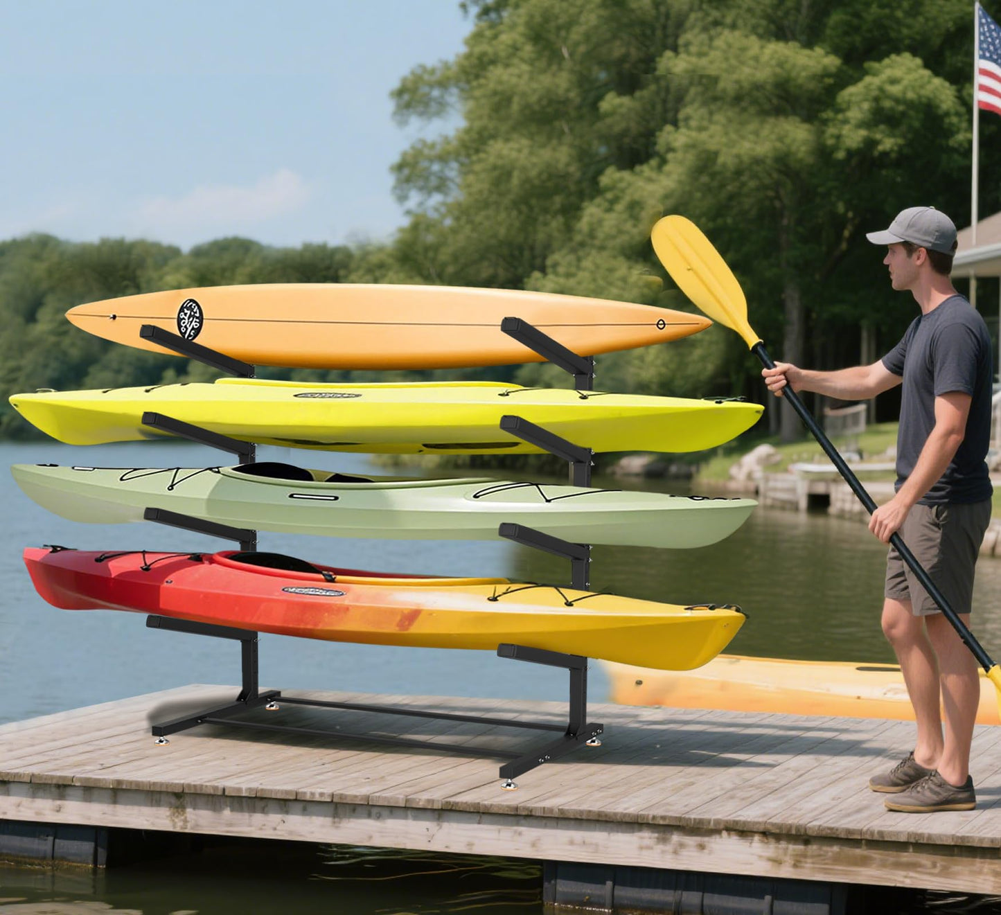 Kayak Rack Freestanding, Heavy-Duty Kayak Storage Rack W/Non-Slip EVA Pad/Powder-Coated Steel/Hooks Adjustable Paddle Board Canoe Racks for Outdoor Storage, Weather-Resistant Kayak Stands for Garage