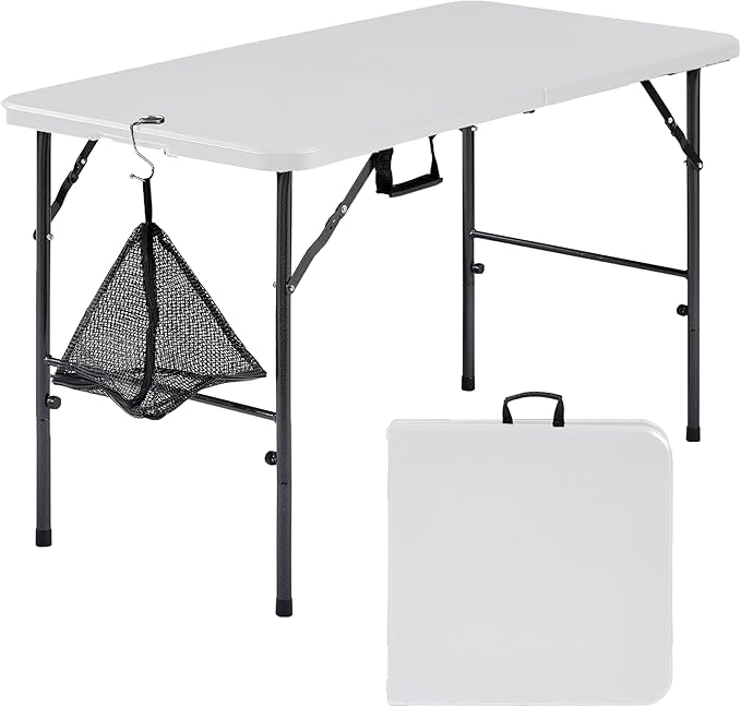 VECELO Folding Table 4 Foot with Mesh Bag, Indoor Outdoor Heavy-Duty Portable w/Handle,Fold-in-Half for Picnic, Party, Cam...