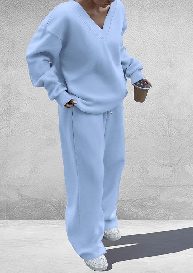 PRETTYGARDEN Casual Winter Two Piece Sets for Women 2026 V Neck Sweatshirt Loose Wide Leg Pants Tracksuit Knit Fall Outfits