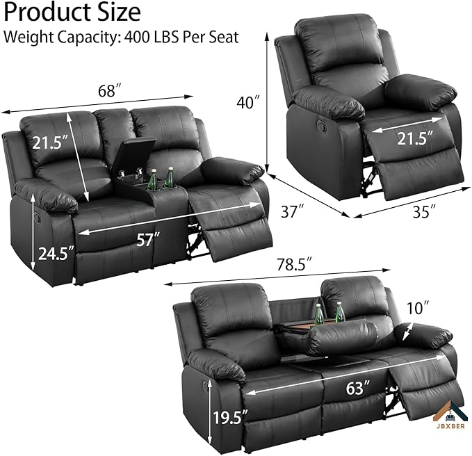 JBXBER Manual Recliner Sofa Set for Living Room, Leather Reclining Sofa Sets, Faux Leather Couch Set with Cup Holders, Drop-Down Table and Storage Console(Sofa,Black)