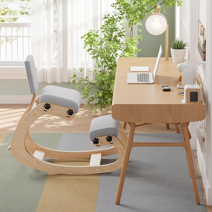 VDNEND Ergonomic Kneeling Chair with Back Support,Wooden Kneeling Chair Desk for Work, Rocking Office Kneel Chairs for Relieve Back Pain, Kneeling Posture Chairs for Gaming,Home (Light Gray)