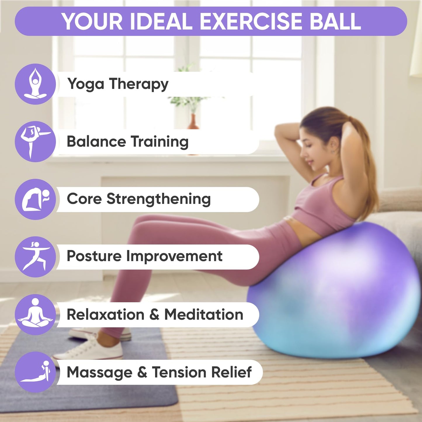APEXUP Yoga Ball Exercise Ball, Heavy Duty Gym Ball for Fitness, Balance, Core Workout, Physical Therapy (S (15"~18") 45cm, Blue Purple)
