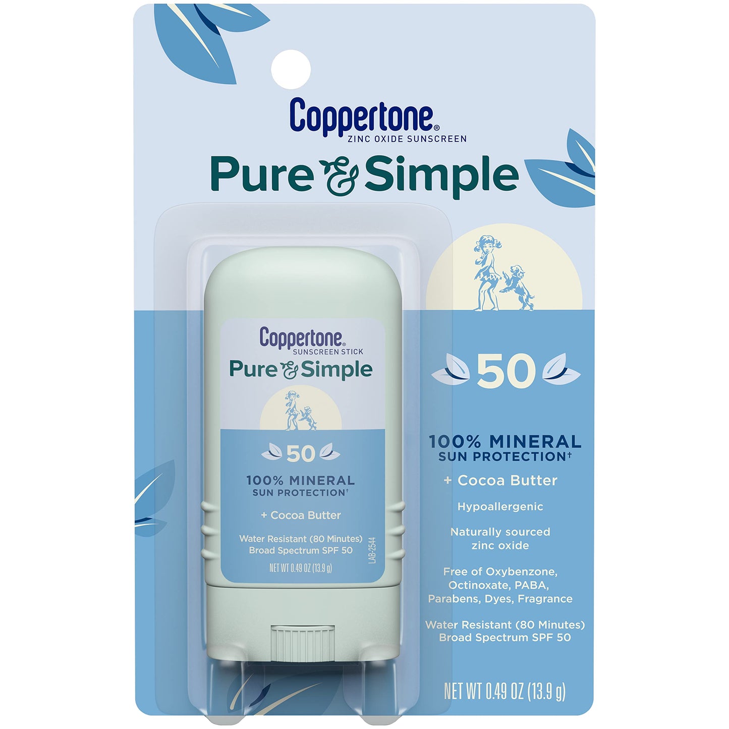 Coppertone Pure and Simple Mineral Sunscreen Stick SPF 50, Water Resistant, Hypoallergenic, Face Sunscreen with Broad Spectrum U