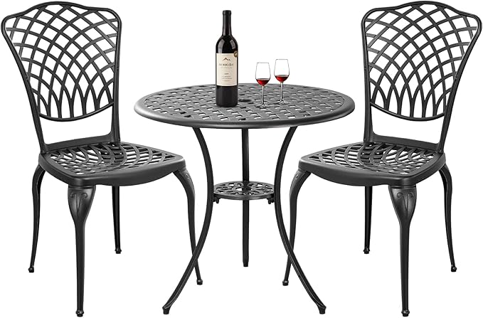 Withniture Bistro Set 3 Piece Outdoor Rust Resistant Bistro Table and Chairs Set of 2 with Umbrella Hole, Large Table Outdoor Bistro Set, Cast Aluminum Patio Set for Garden, Porch(Black)