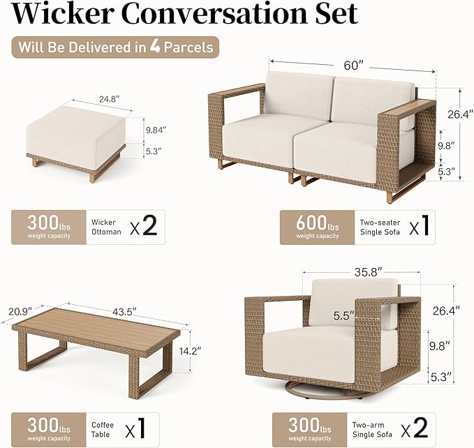7 Pieces Modular Patio Furniture Set,Outdoor Wicker Conversation Set with Swivel Chairs and Ottomans,All Weather Patio Conversation Set for Lawn Garden Backyard,Beige