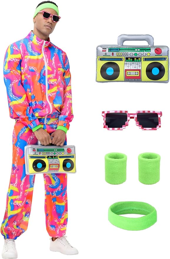 Tosjack 80s Outfit for Men Women,Neon Retro Tracksuit 90s Windbreaker Costume,Hip Hop Party Workout Track Suit Clothing