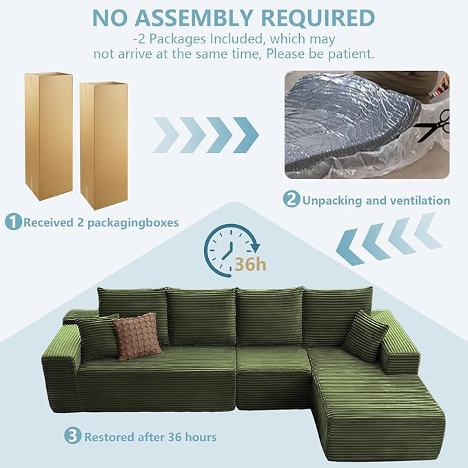 135.4" Cloud Sectional Couch with L-Shape Chaise, Modern Corduroy Boneless Couch for Living Room,Memory Foam Sofa with Deep Seat,No Assembly Required (Green,Right-Facing Chaise)
