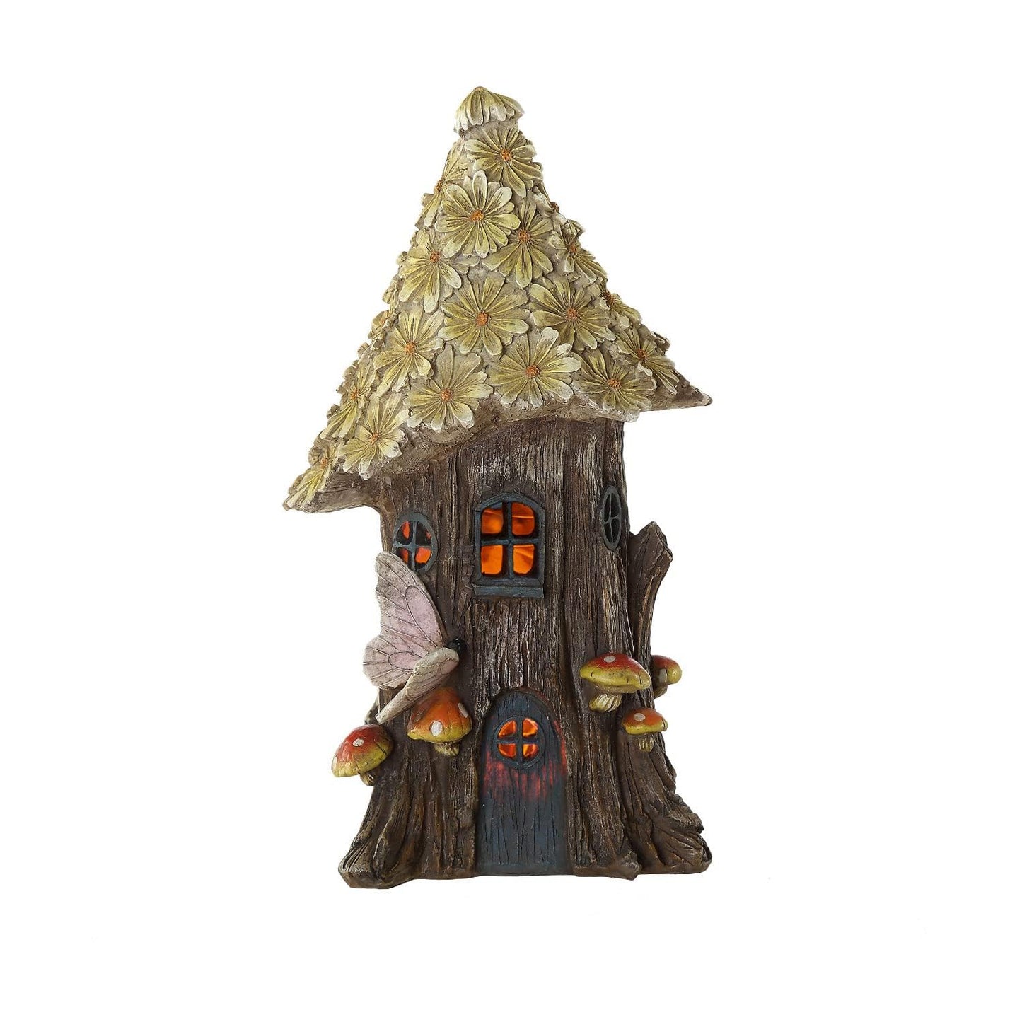 Resin Fairy House Statue Garden Flower Solar Powered Garden Statue Fairy House for Outdoor Decor,Yellow Wild Chrysanthemum