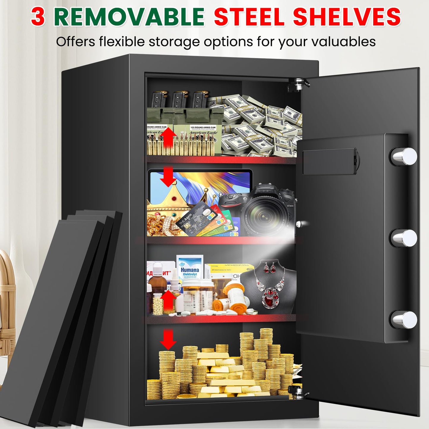 Large Safe, 7.0 Cuft Safe Box With Fireproof Waterproof Letter Bag, Anti-theft Home Safes with Digital Keypad, Spare Key, 3 Removable Shelves, Alert System, Document Safes for Home Business Valuables