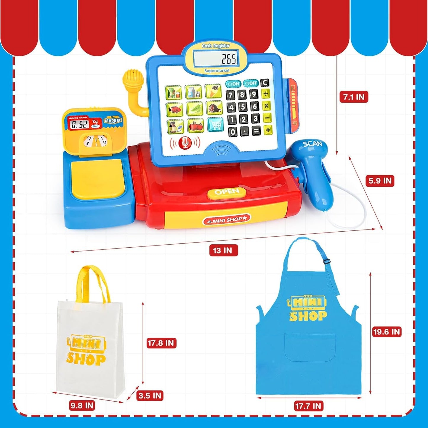 Cash Register Toy for Kids with Real Calculator, Cashier Register with Scanner/Weighter/Credit Card/ Play Money/ Food/Microphone, Pretend Play Store with Apron and Shopping Bag for Kids 3 4 5 6 7