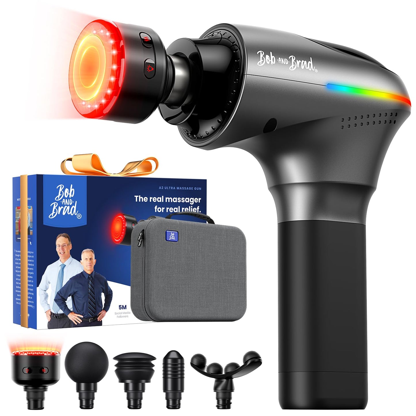 BOB AND BRAD A2 Ultra Deep Tissue Massage Gun with Red Light & Infrared Heat, FSA-HSA Eligible, Pro Percussion Muscle Massager for Athletes, Back, Leg & Full Body Pain Relief with Smart Force Sensor
