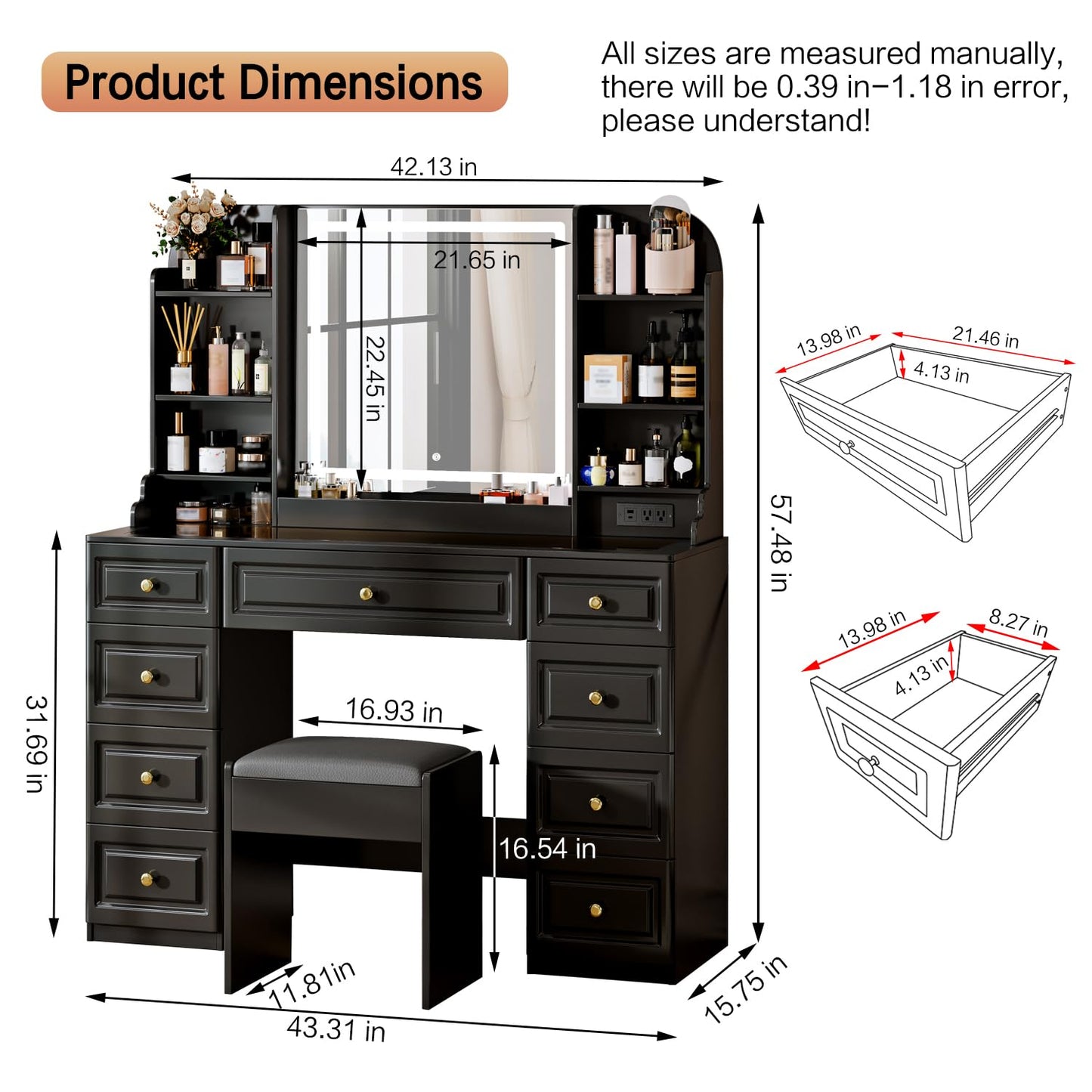 Arulvmrn 42" Makeup Vanity Desk with Mirror and Lights, & Power Outl, Glass Top Big Vanity Table with 9 Drawers& 8 Storage Shelves, Dressing Table Set with Chair for Bedroom, Black