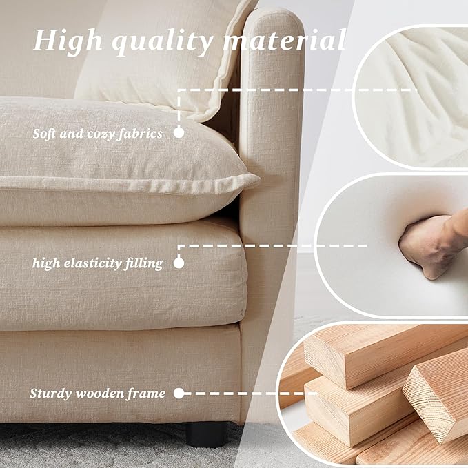 SoarFlash Chenille Sectional Sofa, Comfy L Shaped Modular Coush Sofa with Ottoman, Modern 2 Seat Couch Deep Seat Sofa Set for Living Room,Light Coffee