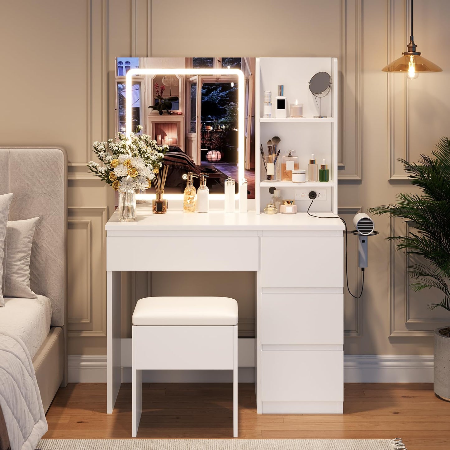 Vanity Desk with Mirror and LED Light, Vanity Desk with 4 Drawers, Power Outlet, Storage Stool, Open Shelves, Hairdryer Holder, Adjustable 3 Lighting Mode, Makeup Vanity Set for Bedroom, White